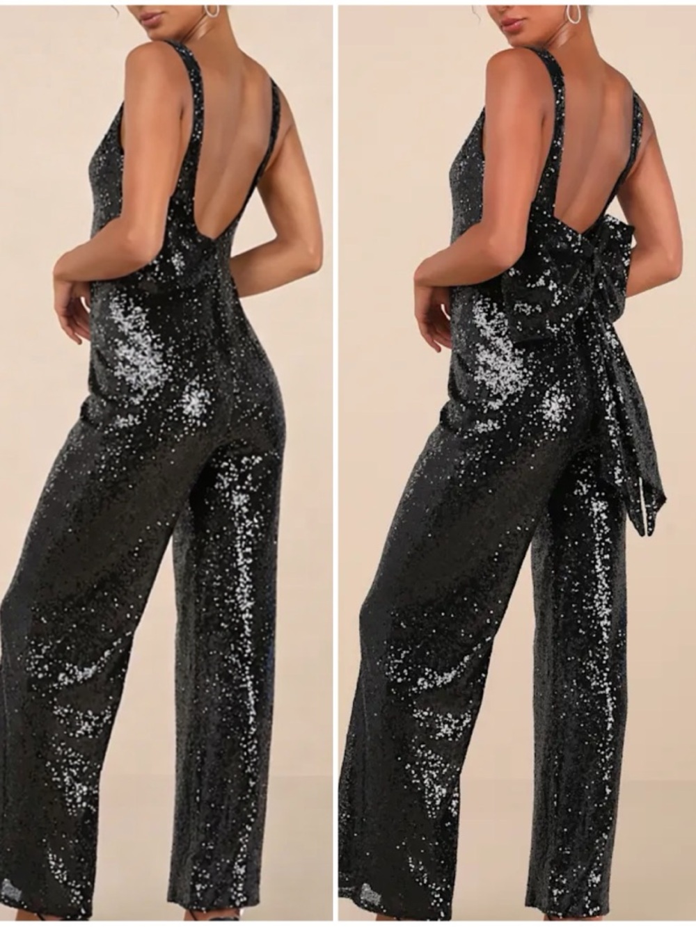 LULUS Feeling Sparkly Black Sequin Bow Wide-Leg Jumpsuit Size Large